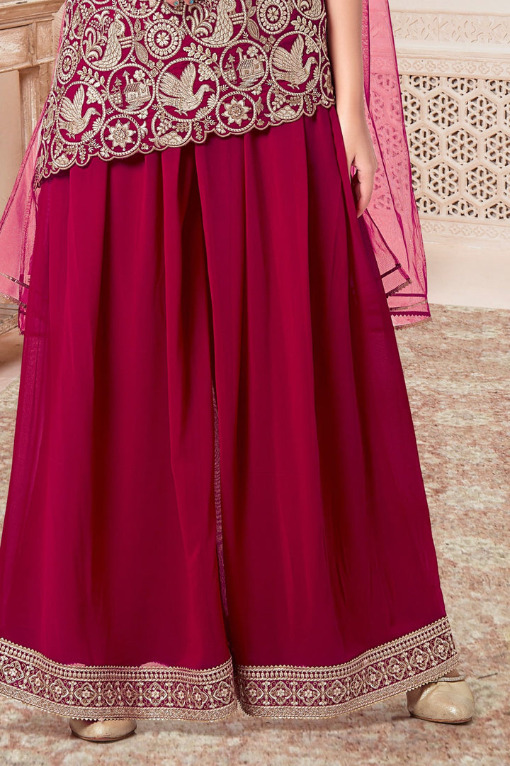 Rani Pink Embroidery, Zari and Sequins work Palazzo Suit Set for Girls