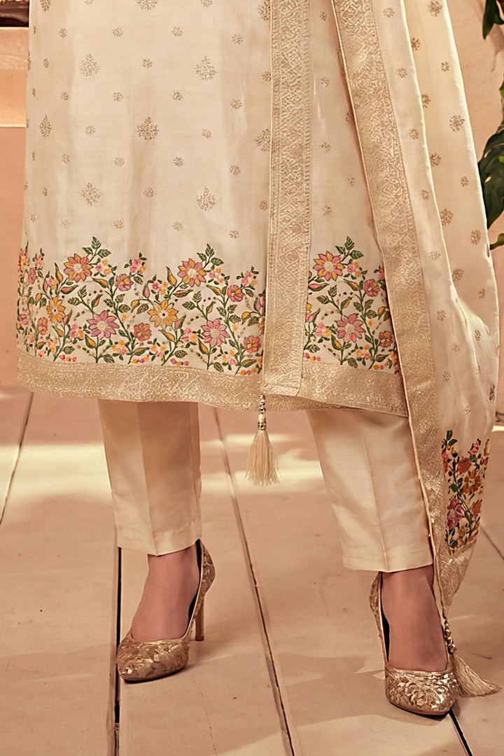 Cream Multicolor Thread, Beads, Zardozi and Banaras Butta work Straight Cut Salwar Suit