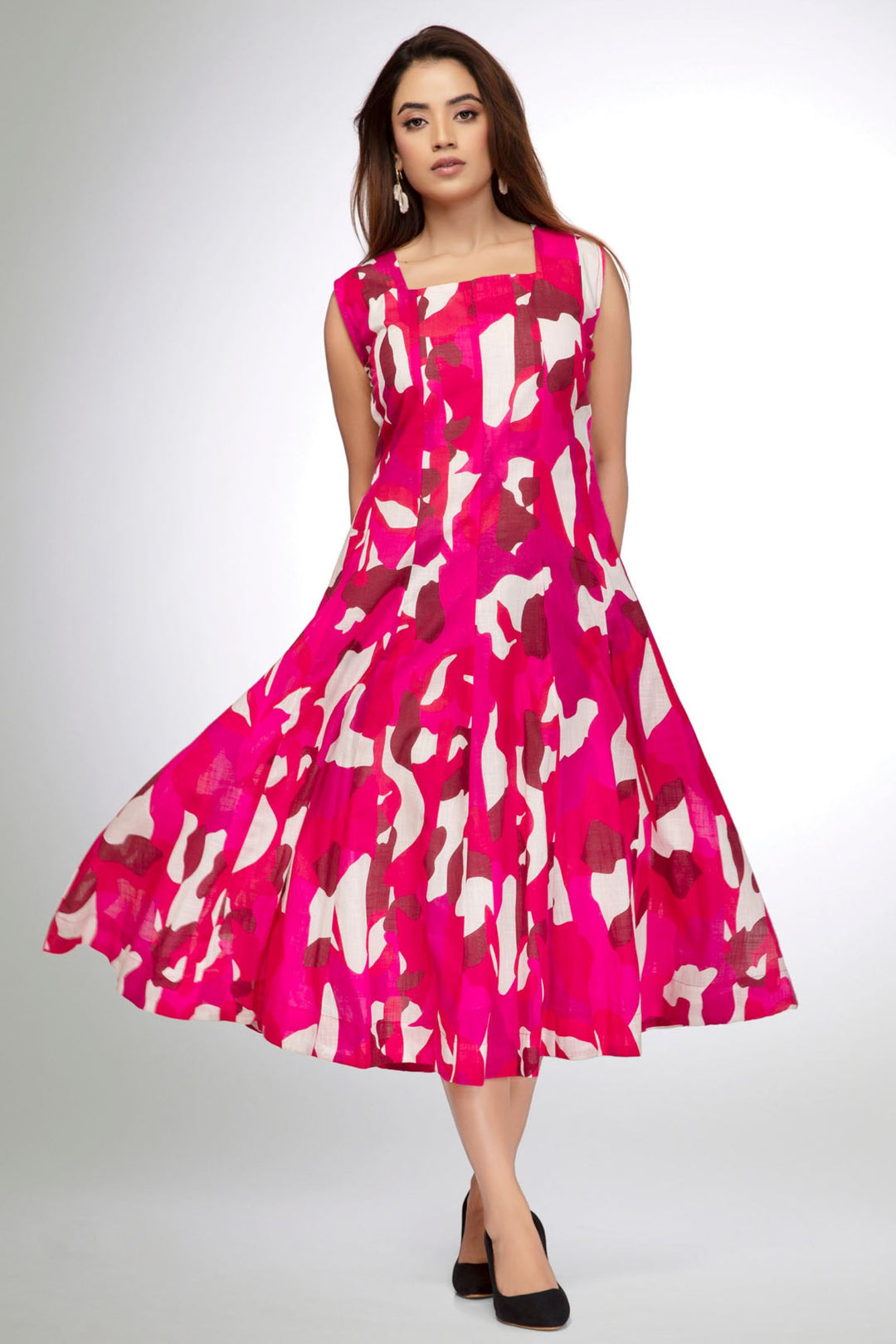 Pink with Abstract Print Anarkali Styled Kurti