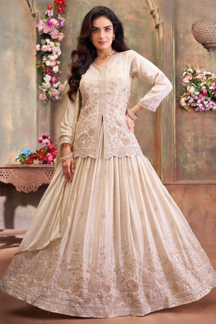 Cream Beads, Pearl and Sequins work Peplum Style Lehenga