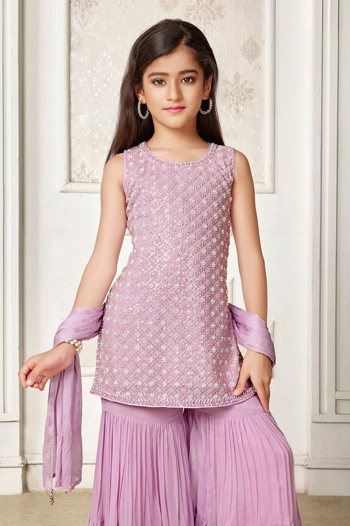 Lavender Beads, Sequins and Thread work Sharara Suit Set for Girls