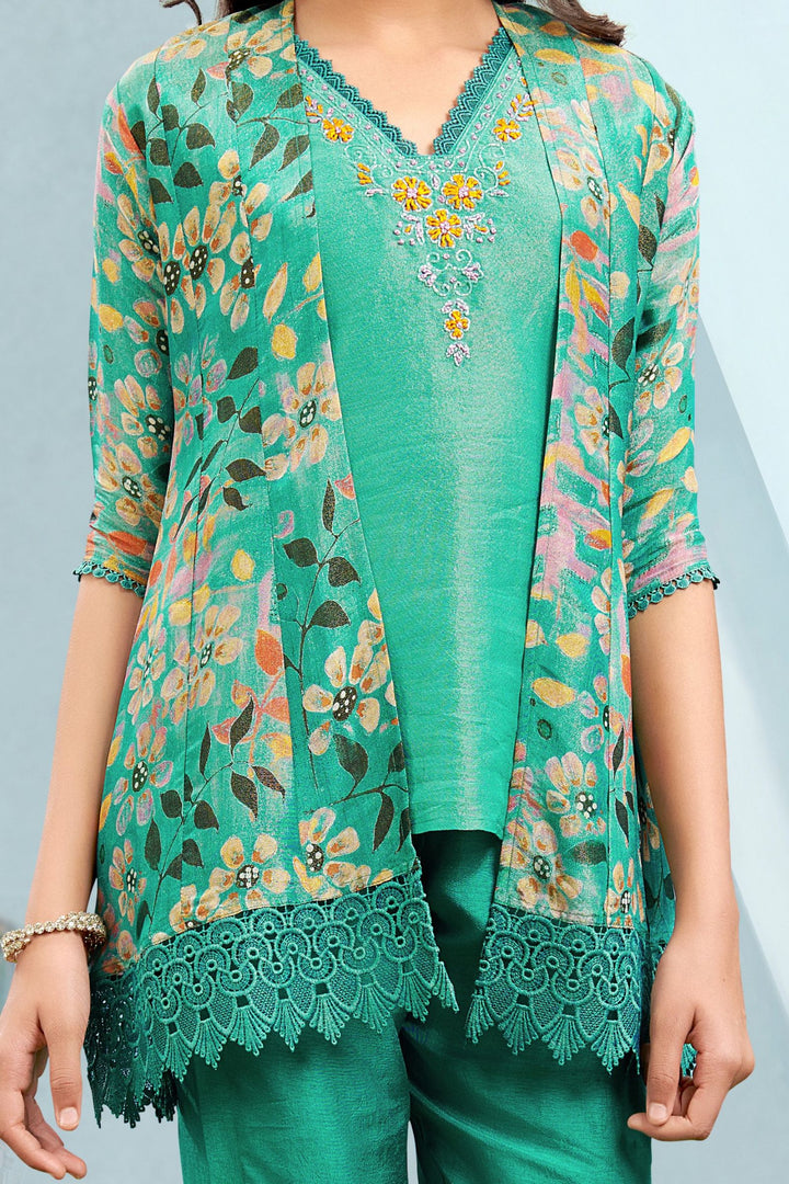 Rama Green  Zari Weaving with Digital Print Overcoat Salwar Suit for Girls