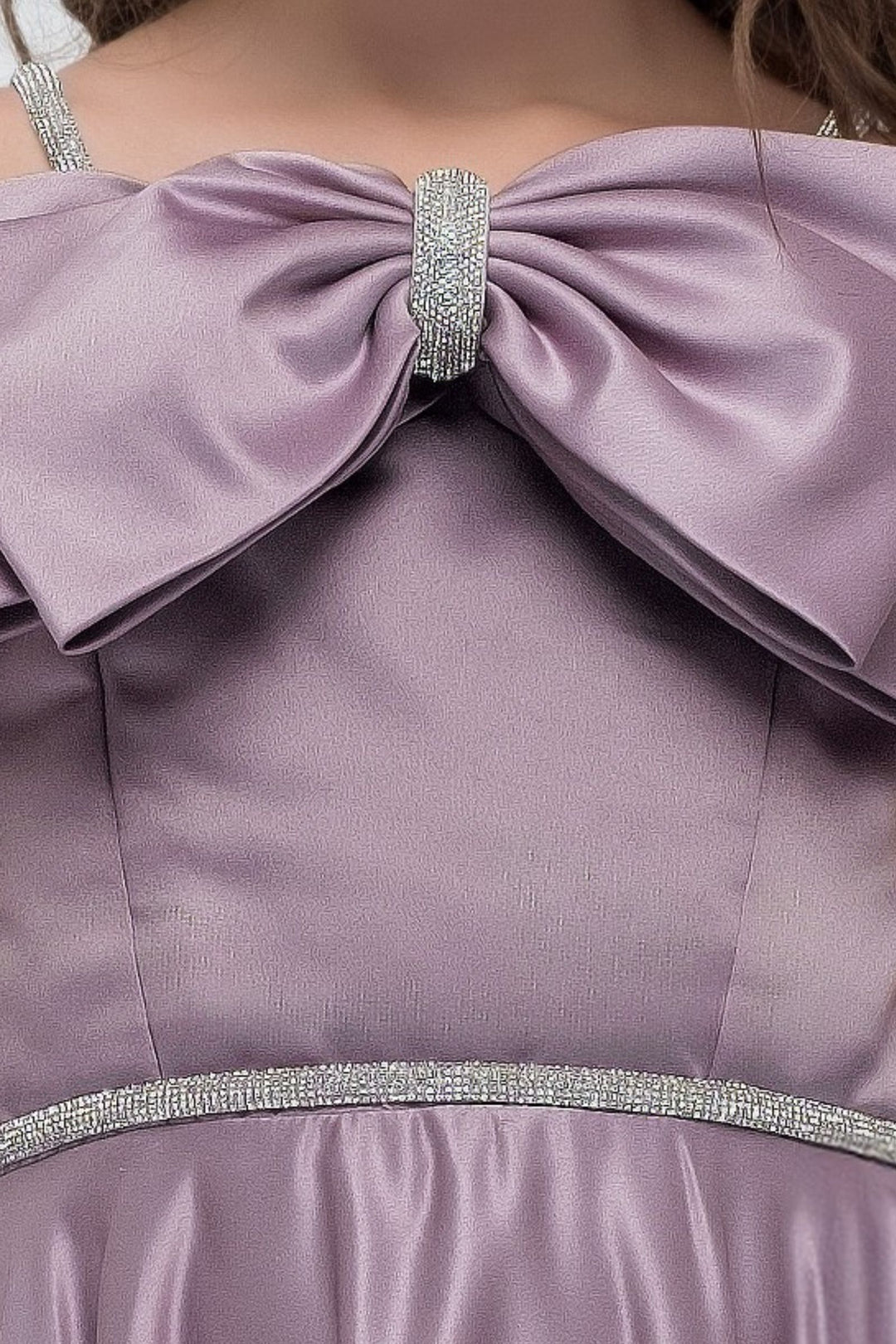 Girls Party Wear Off-Shoulder Gown with Attached Bow and Sparkle Waistband