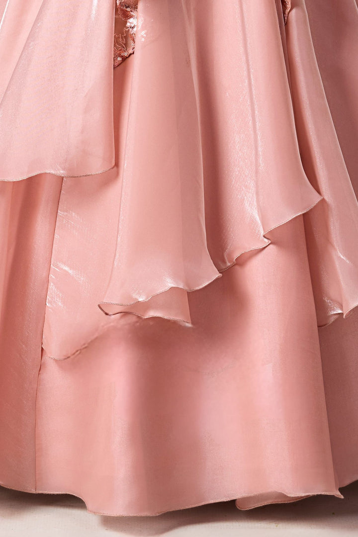 Peach Sequins and Thread work Long Party Gown for Girls