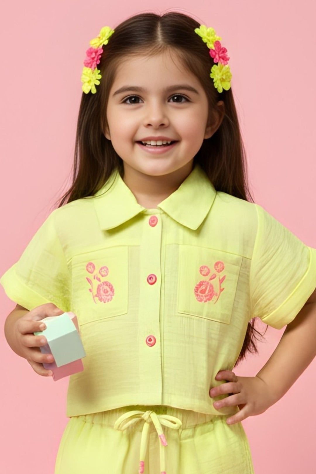 Lemon Yellow Embroidery work Top and Shorts For Girls