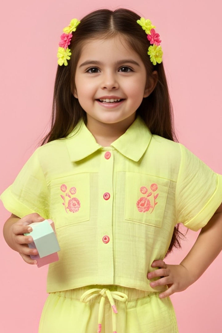Lemon Yellow Embroidery work Top and Shorts For Girls