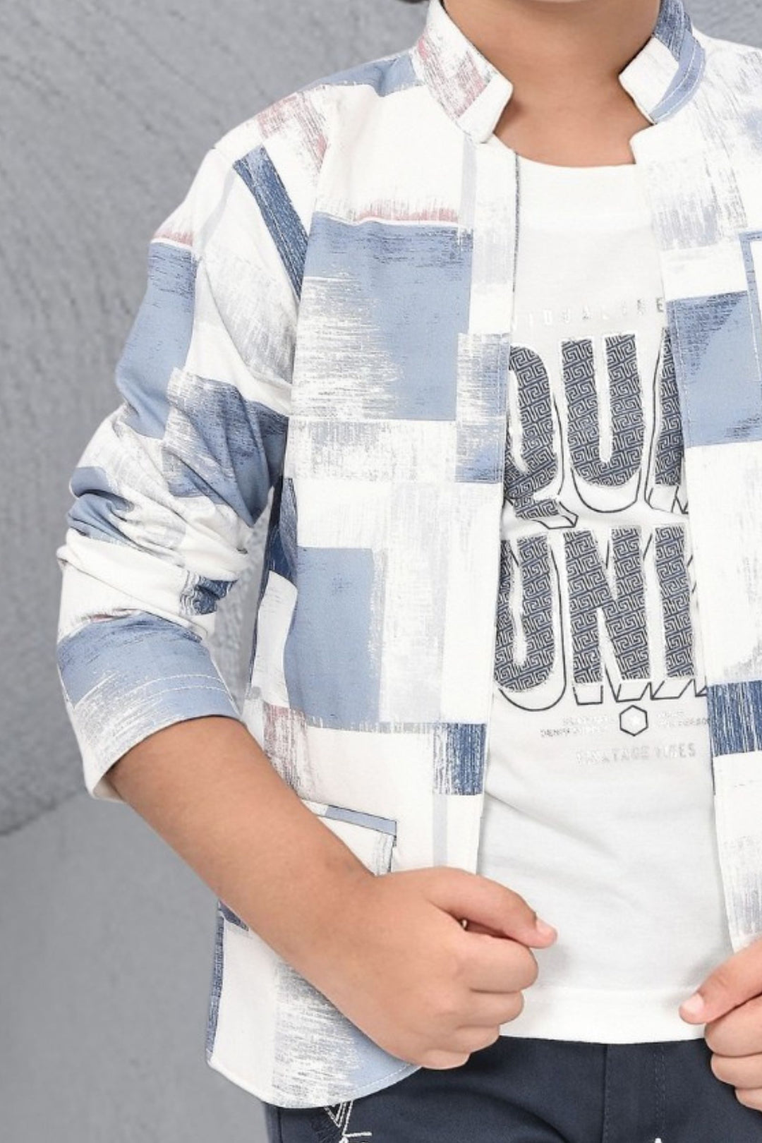 White with Printed Blazer, T-Shirt and Blue Pant Set for Boys with Belt