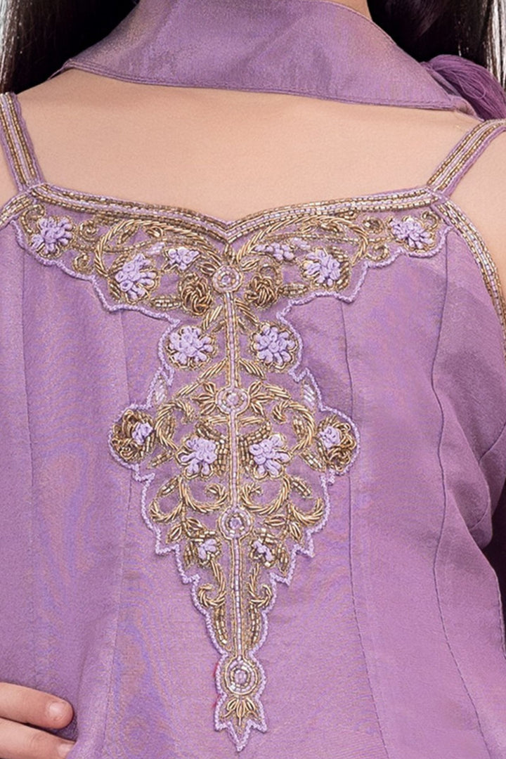 Girls Lavender Zardozi, Beads and Zari work Peplum Palazzo Set
