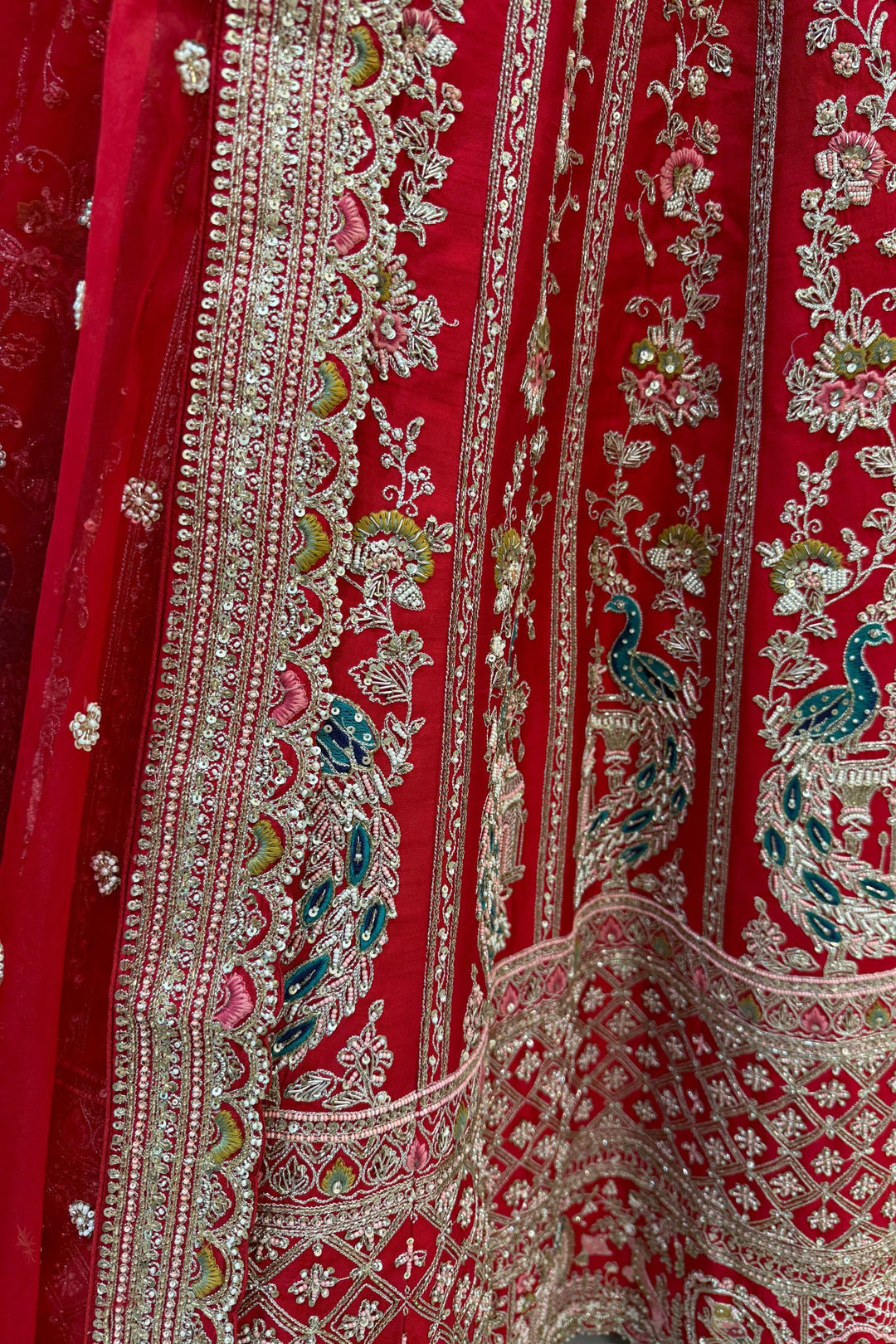Red Handcrafted Bridal Lehenga with Intricate Zardozi, Sequins, Pearl and Zari Detailing
