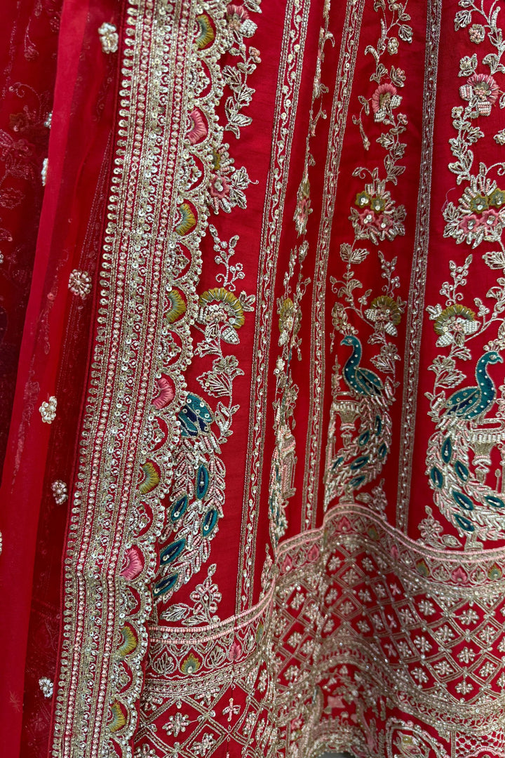 Red Handcrafted Bridal Lehenga with Intricate Zardozi, Sequins, Pearl and Zari Detailing