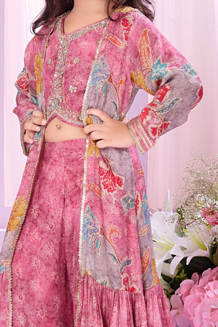 Pink Sequins work with Multicolor Digital Print Overcoat Styled Palazzo Set For Girls