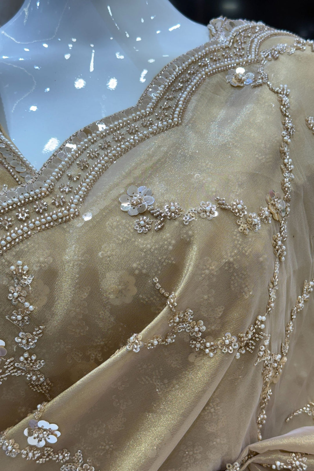 Gold Beads, Sequins, Peral and Zari work Saree