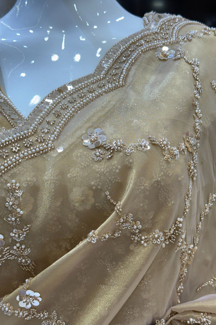 Gold Beads, Sequins, Peral and Zari work Saree