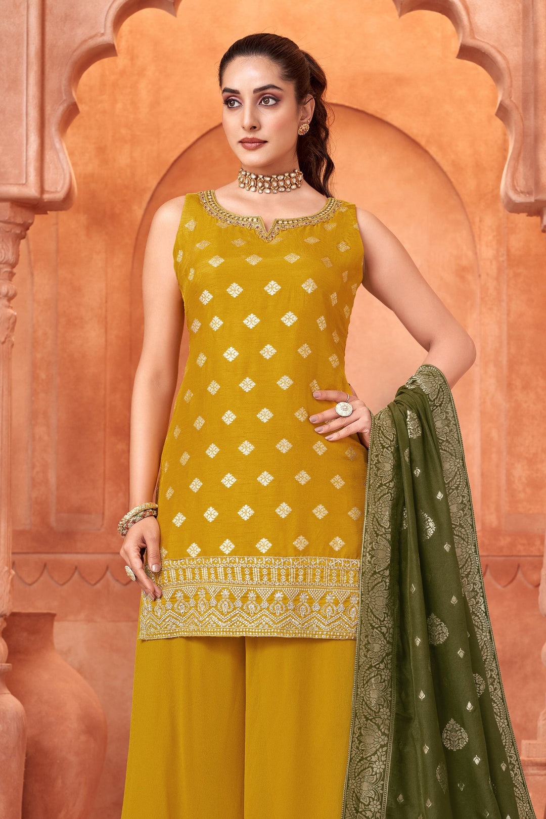 Yellow Banaras, Mirror, Zardozi, Sequins, Zari and Thread work Palazzo Salwar Suit