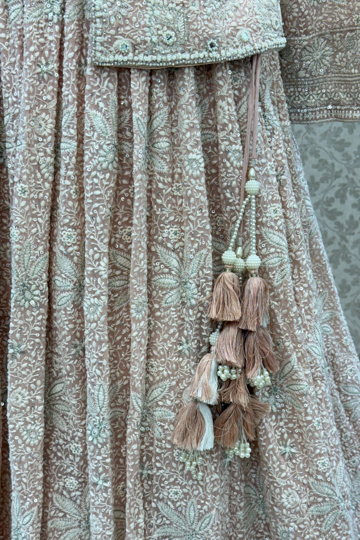 Peach Lucknowi, Sequins, Mirror, Beads and Zari work Crop Top Lehenga