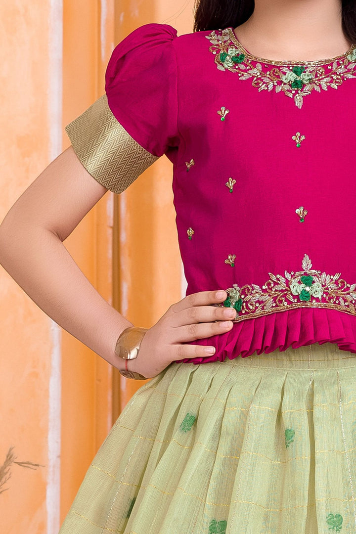 Rani Pink with Pista Green Zardozi, Stone, Beads and Banaras Zari work Lehenga Choli for Girls