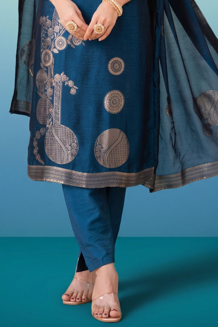 Peacock Blue Banaras, Zardozi, Zari, Sequins and Stone work Straight Cut Salwar Suit