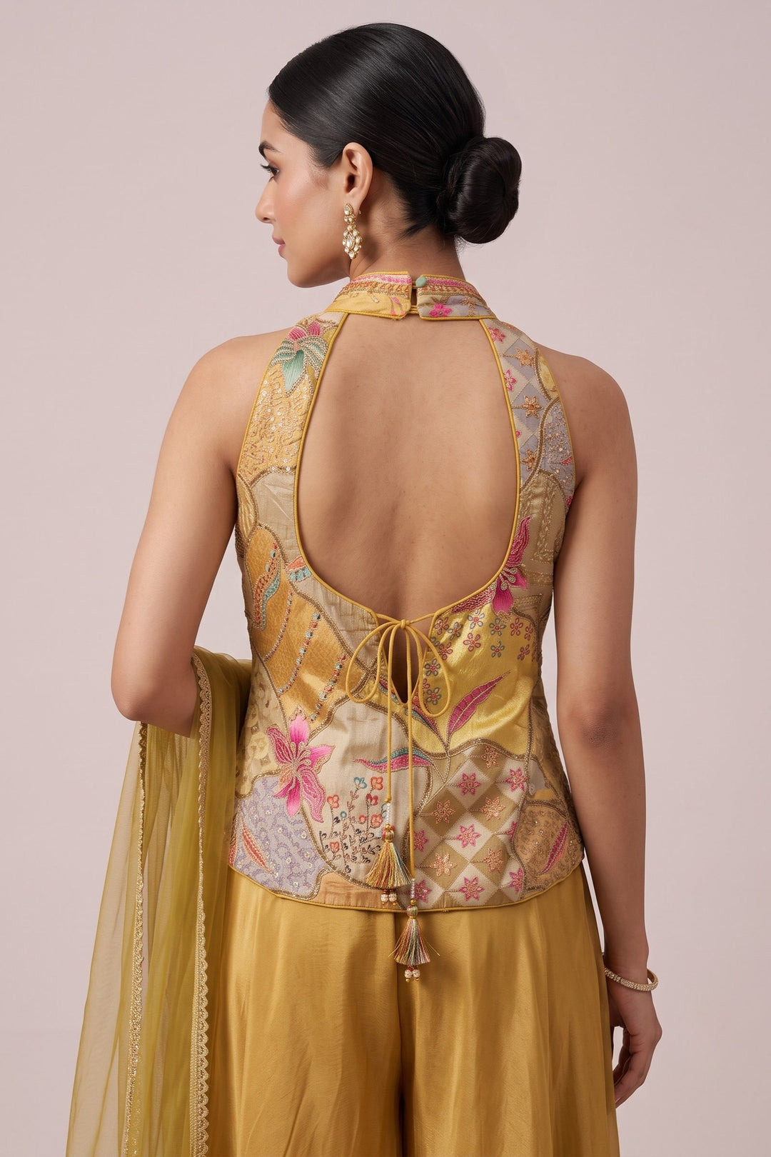 Yellow Halter Neck Palazzo Salwar Suit with Sequins, Mirror, Zari, Stone and Beads Detailing