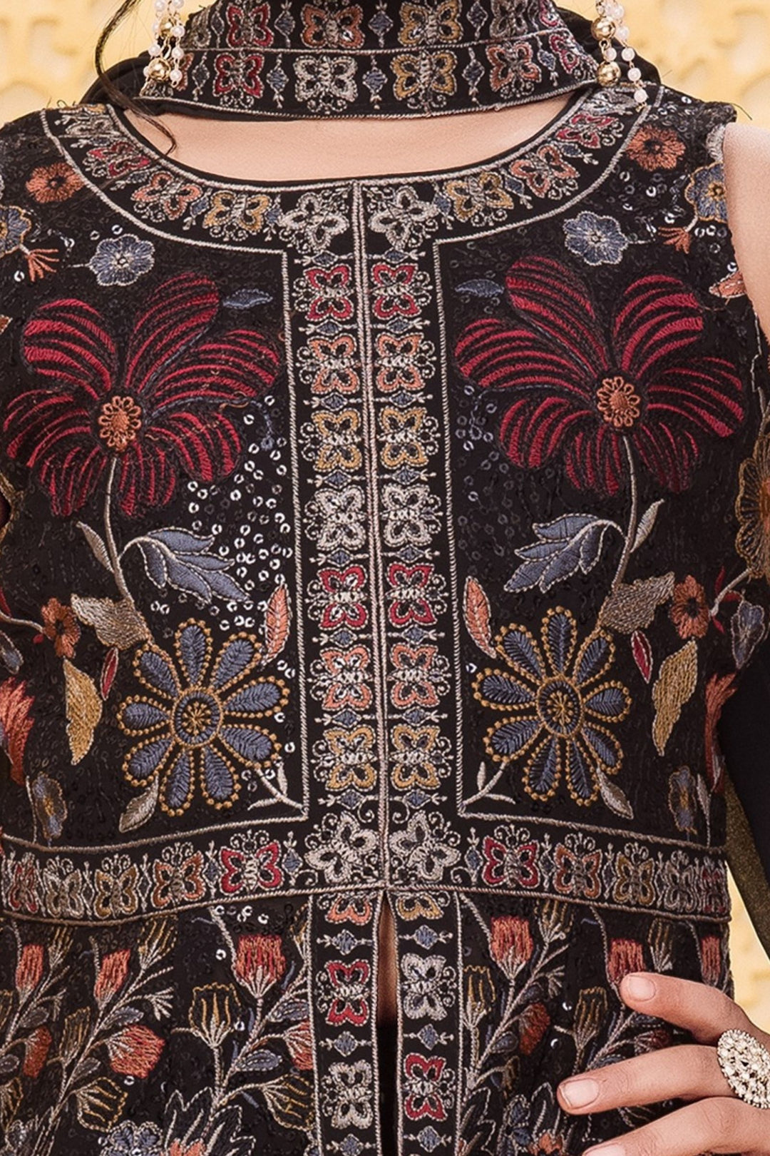 Black with Multicolor Embroidery and Sequins work Palazzo Suit Set for Girls