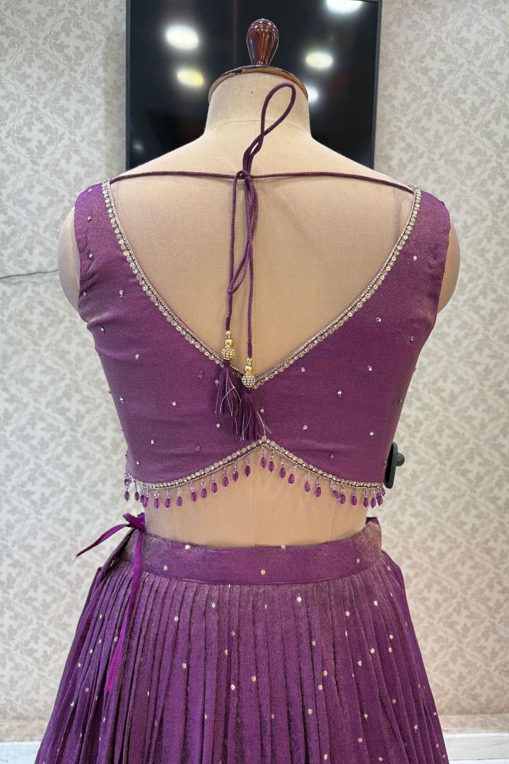 Purple Mirror, Stone, Beads, Zardozi, Zari, Sequins and Banaras work Crop Top Lehenga