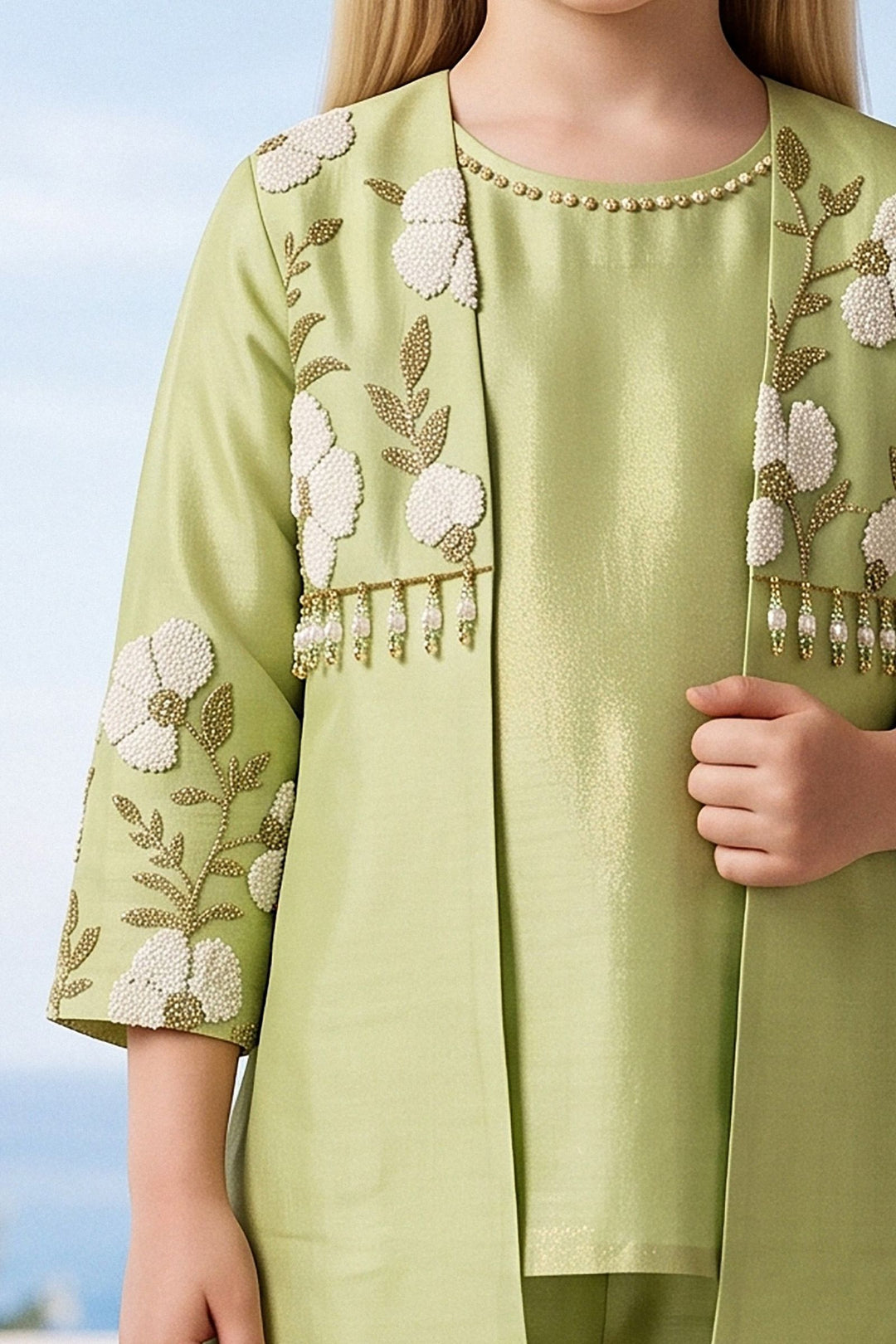 Pista Green Beads, Zari and Thread work Jacket Styled Palazzo Set for Girls