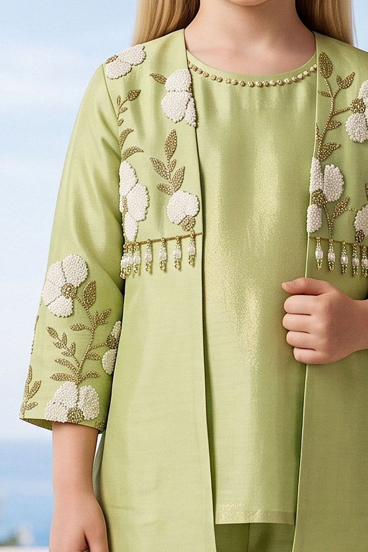 Pista Green Beads, Zari and Thread work Jacket Styled Palazzo Set for Girls
