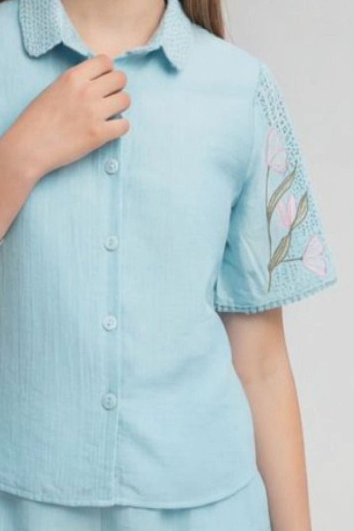 Sky Blue Embroidery work Top and Shorts For Girls