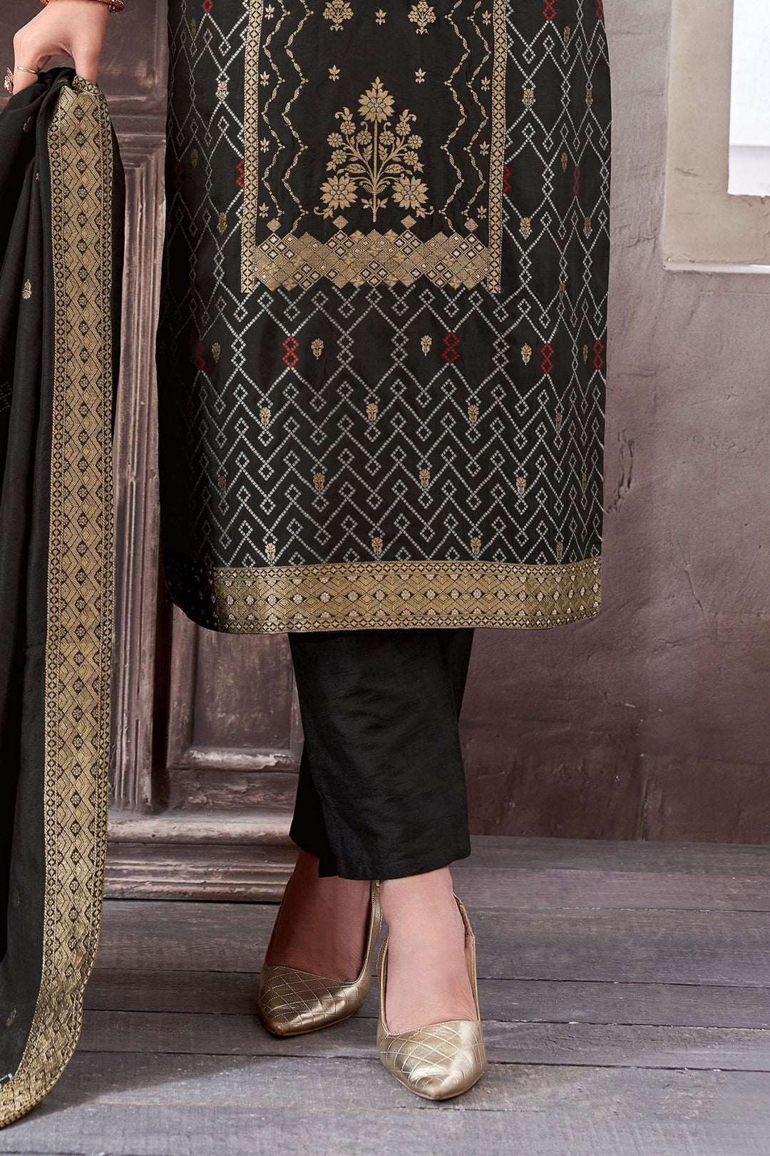 Black Banaras, Beads, Zardozi and Jacquard work Straight Cut Salwar Suit