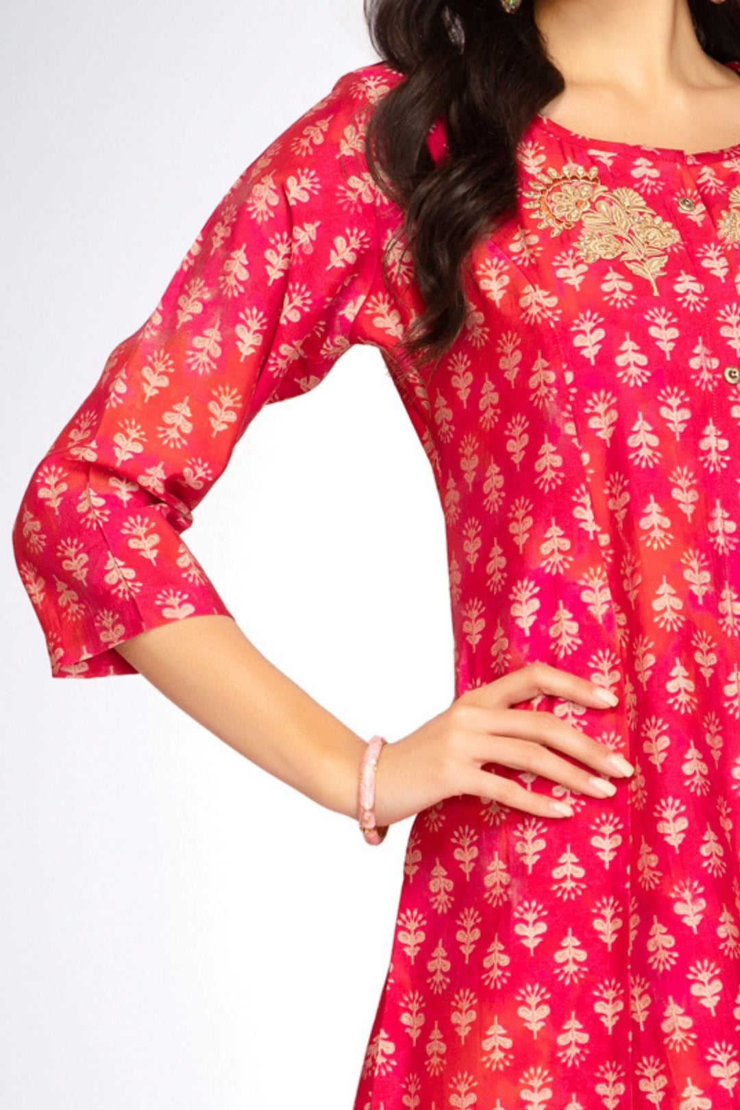 Pink with Orange Mirror and Thread work with Digital Print A-Line Cut Calf Length Kurti