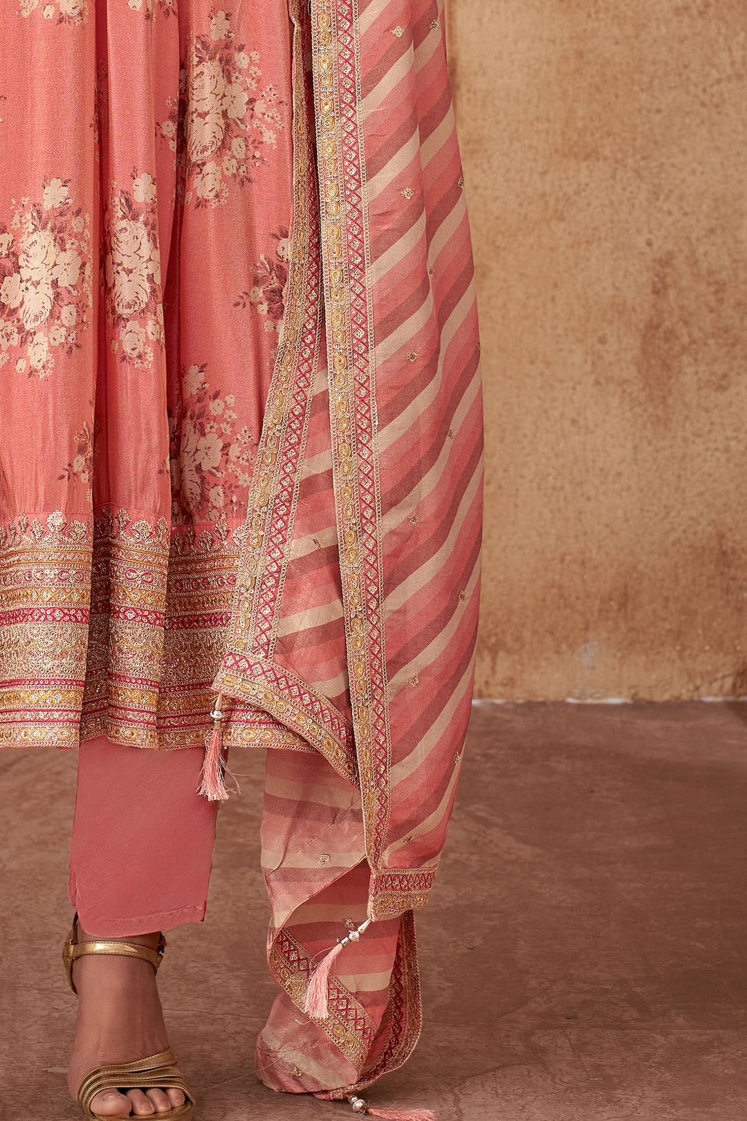 Peach Digital Print, Sequins, Zari and Thread work Anarkali Style Salwar Suit