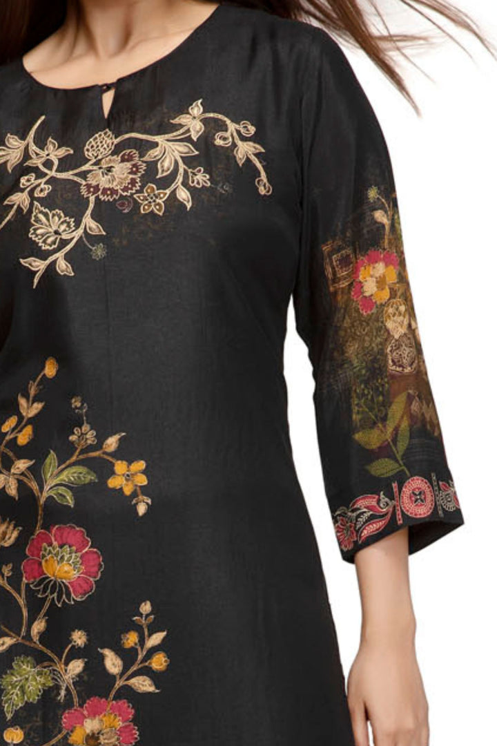 Black Thread and Mirror work with Floral Print Calf Length Kurti
