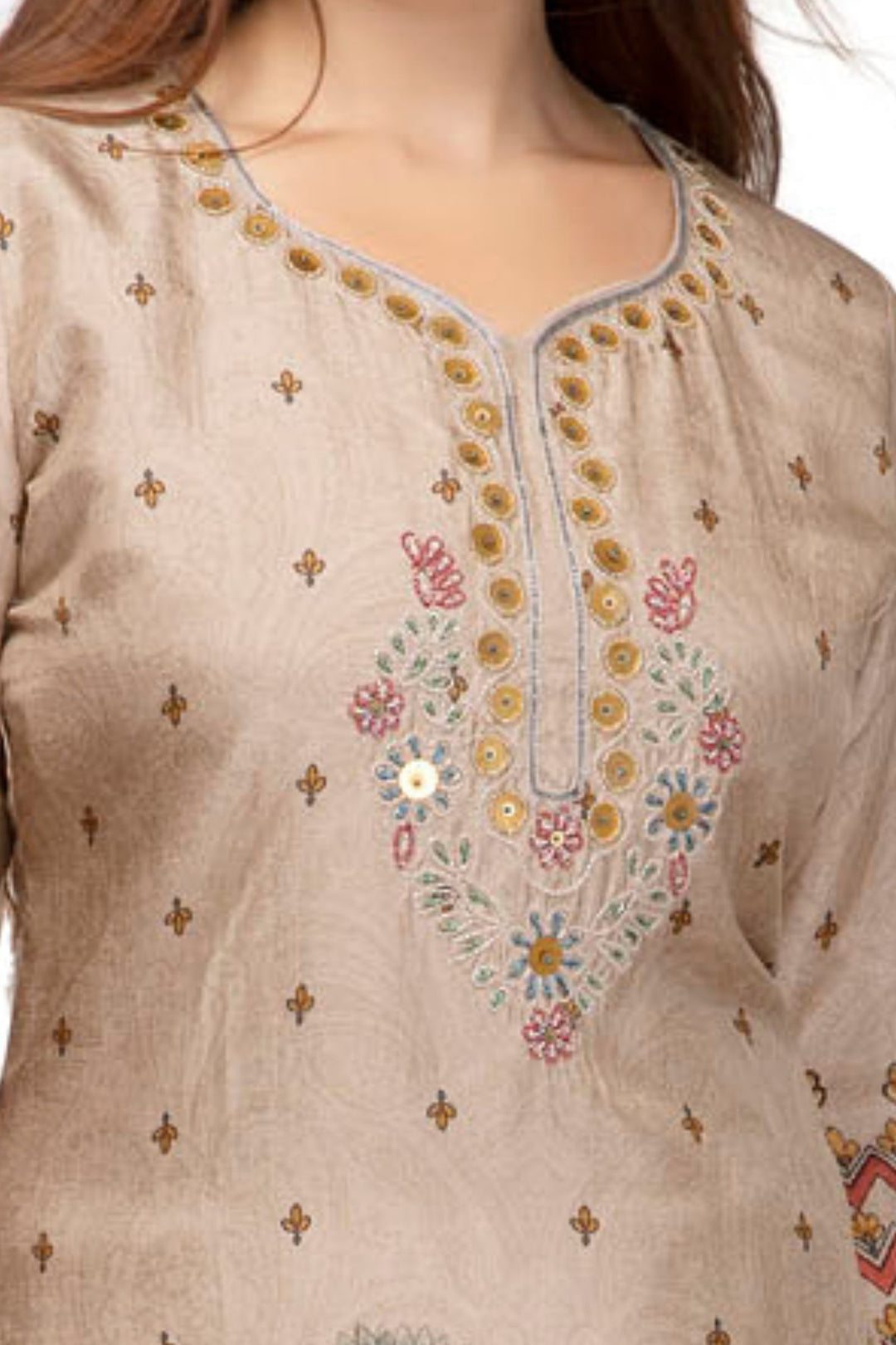 Beige Printed Floral Kurta with Embroidered Neckline