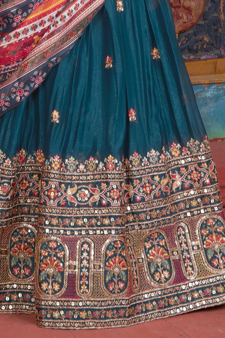 Peacock Blue Sequins, Zari, Thread and Mirror work Lehenga Choli for Girls - Seasons Chennai