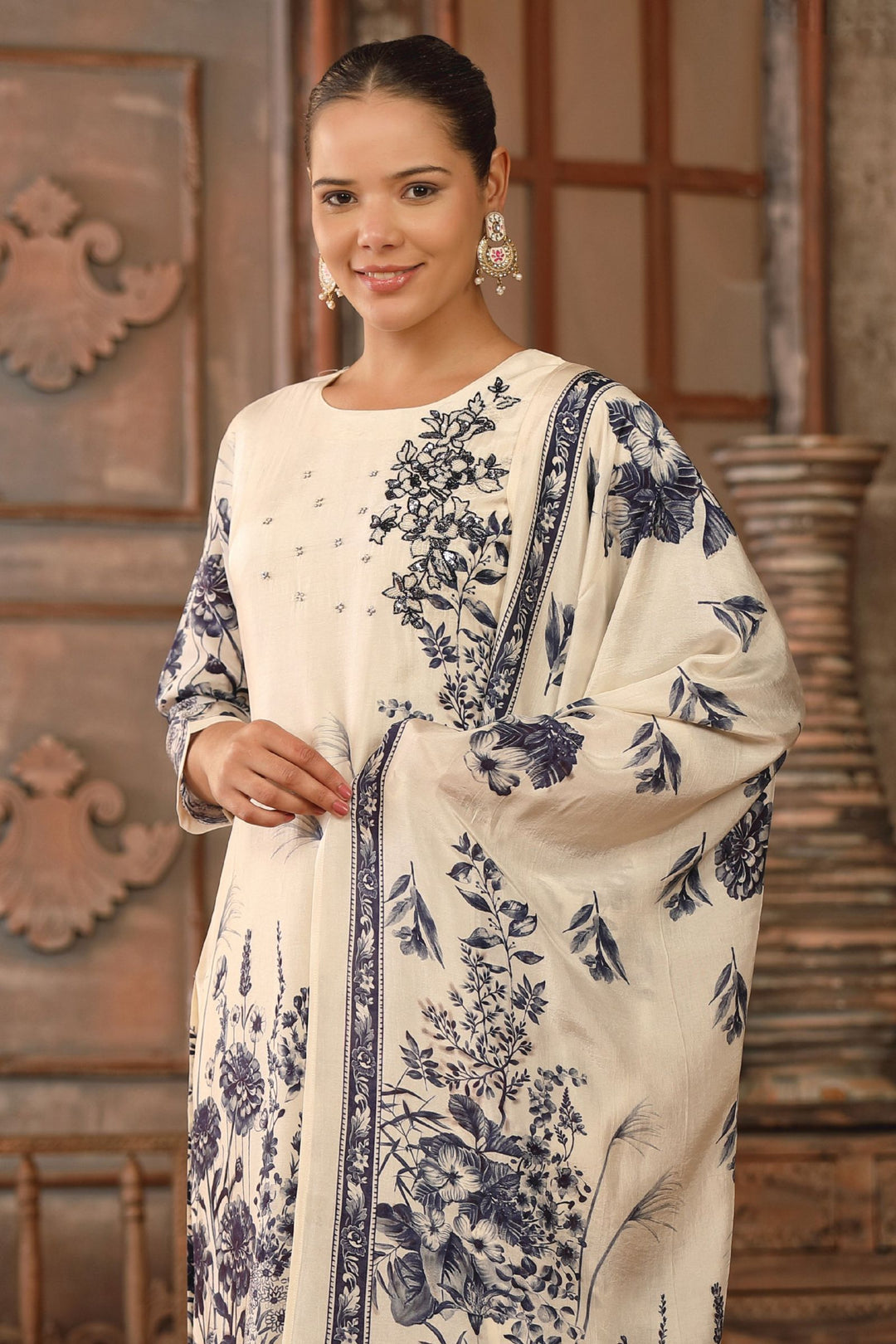 Cream Beads and Sequins work with Floral Print Straight Kurta Set