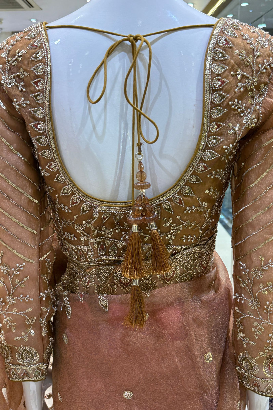 Mustard Pearls, Beads and Multicolor Thread work with Self Print Saree