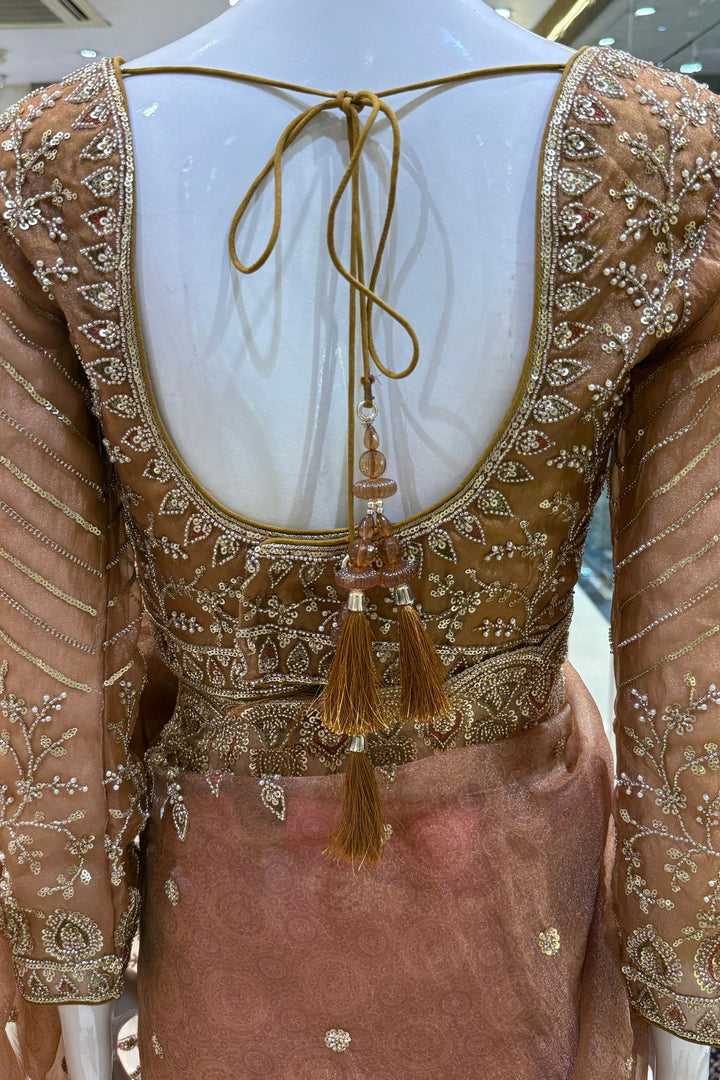 Mustard Pearls, Beads and Multicolor Thread work with Self Print Saree