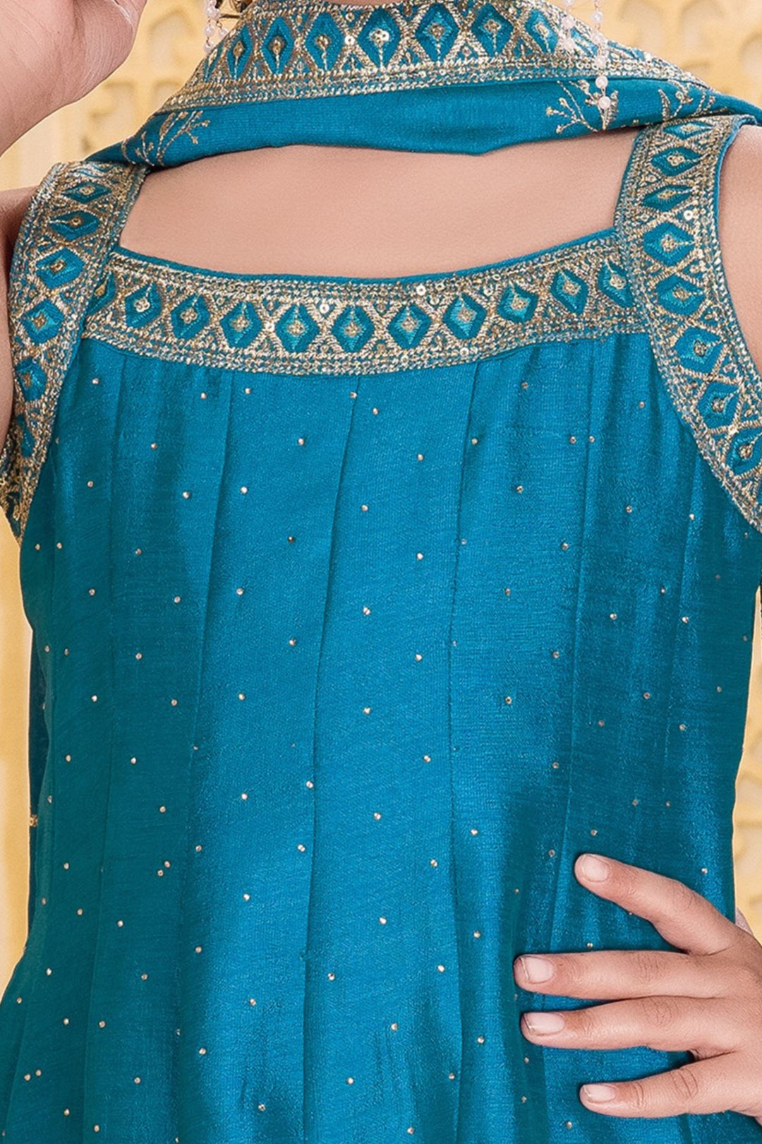 Rama Blue Sequins, Zari and Stone work Anarkali Style Salwar Suit for Girls