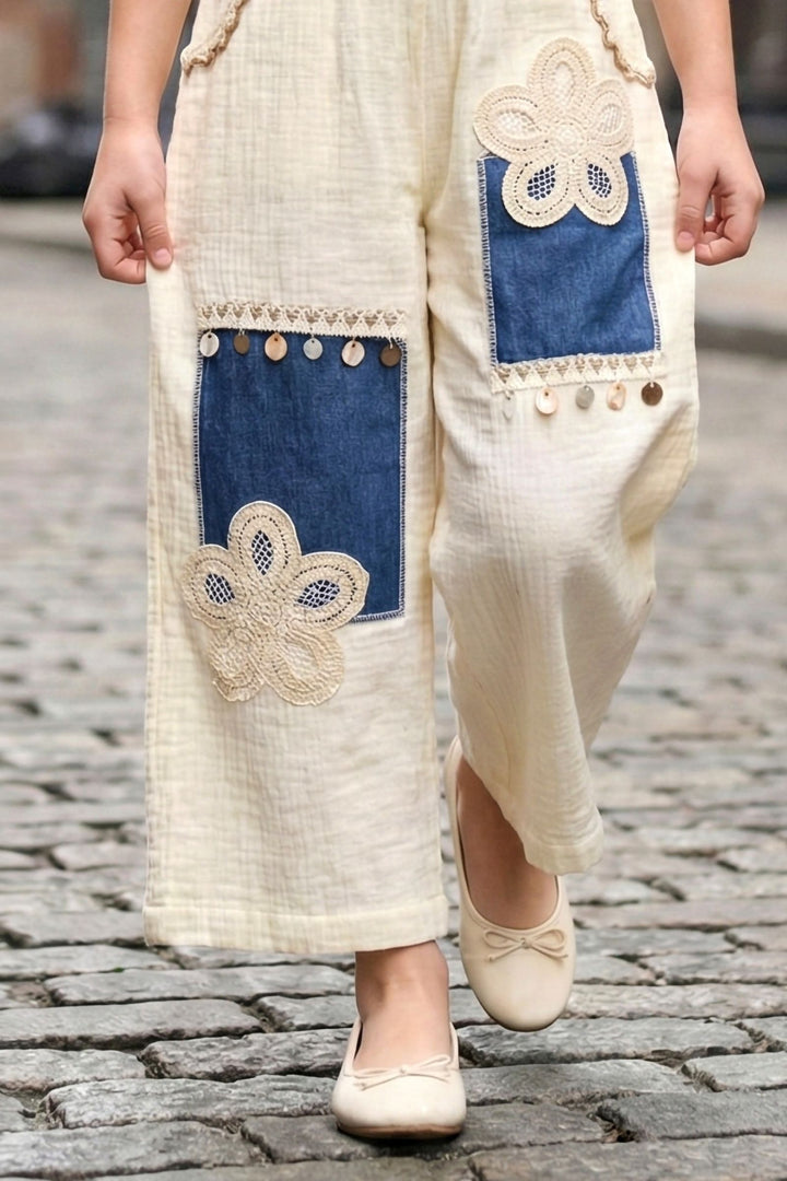 Cream with Blue Lace work Top and Palazzo Set for Girls