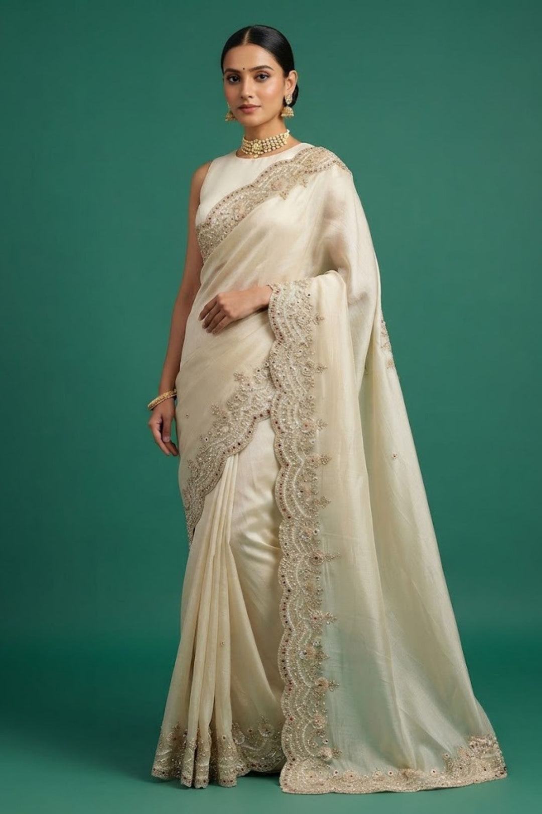 Beige Saree with Intricate Pearl, Sequins and Beads work