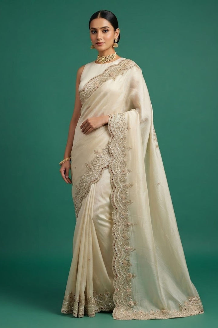 Beige Saree with Intricate Pearl, Sequins and Beads work