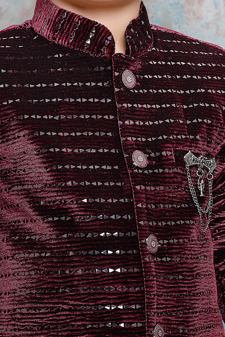 Maroon Waist Coat with White T-Shirt and Black Pant Set for Boys