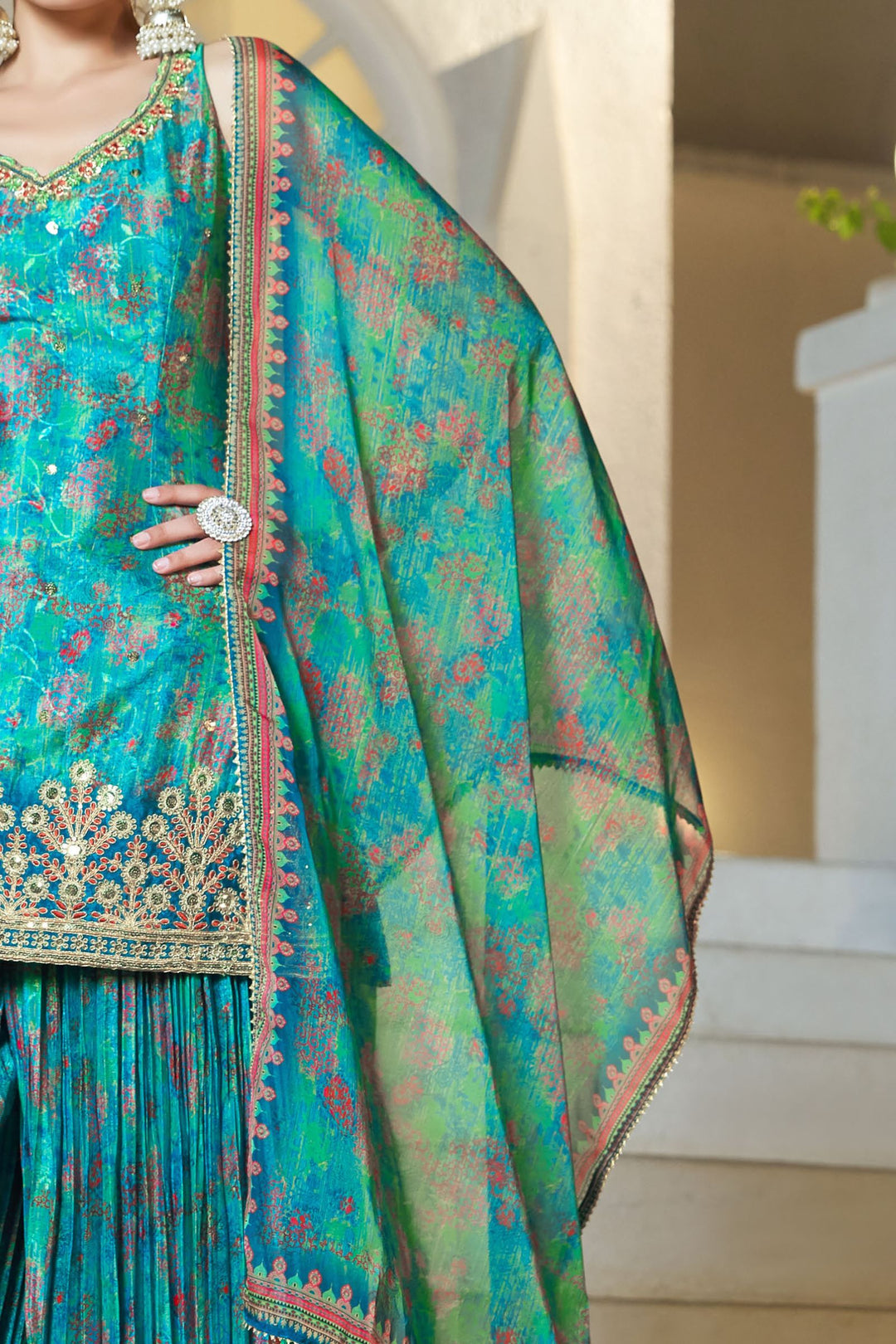 Rama Blue Beads, Sequins, Zari, Thread and Zardozi work Sharara Suit Set