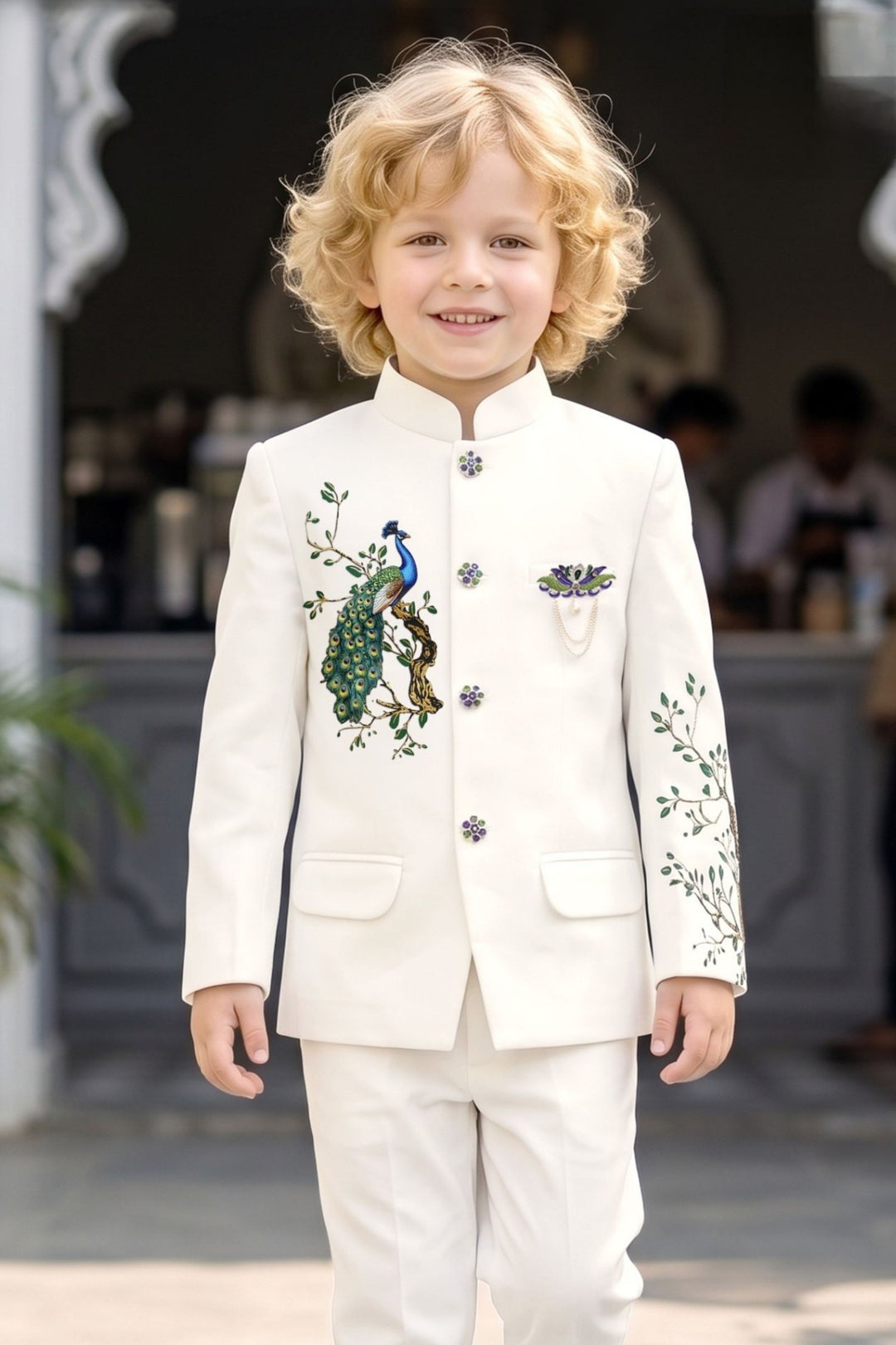 White Peacock Applique Jodhpuri Suit for Boys