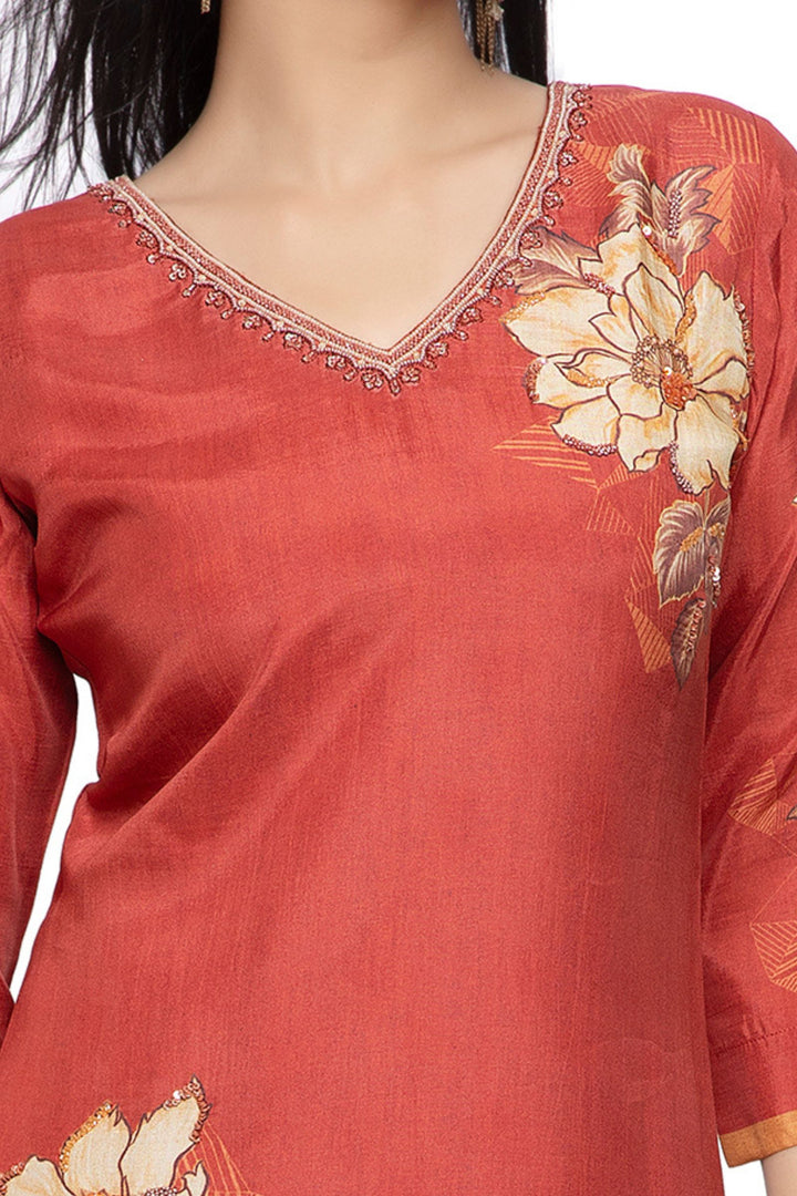 Brick Red Beads and Sequins work with Floral Print Calf Length Kurti