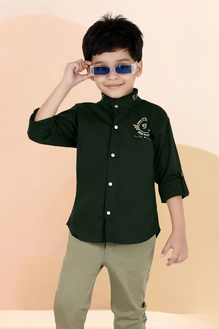 Bottle Green with Light Green Casual wear Pant and Shirt Set for Boys