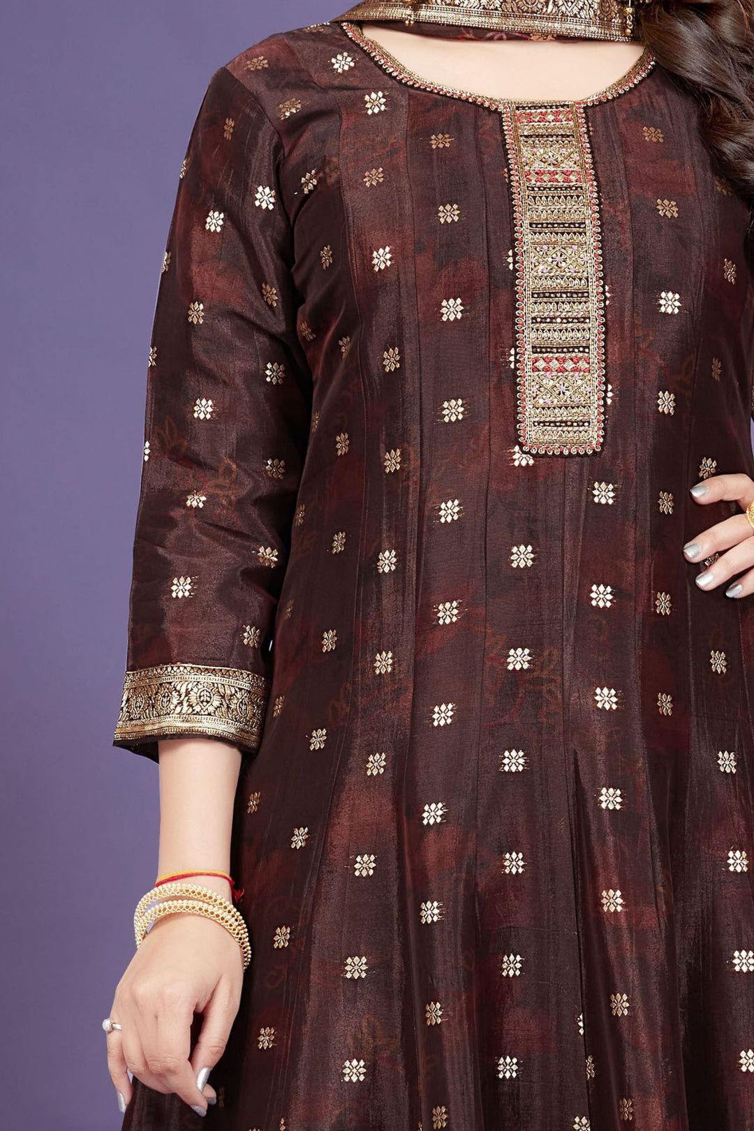Coffee Brown Banaras, Zardozi and Sequins work with Digital Print Anarkali Style Salwar