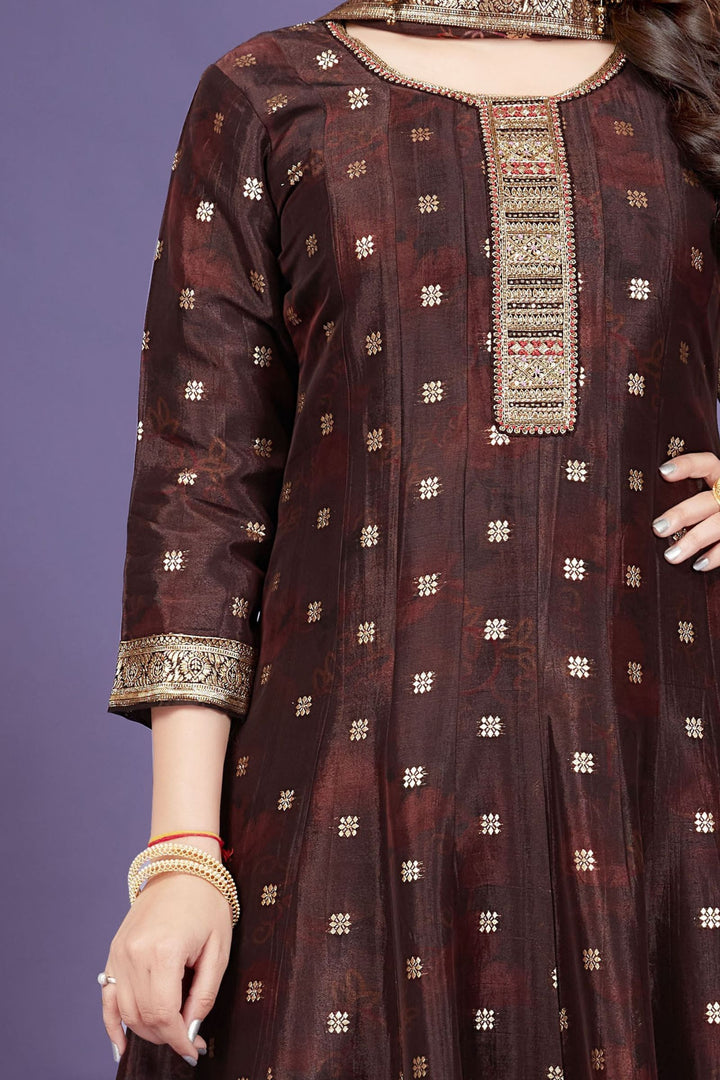 Coffee Brown Banaras, Zardozi and Sequins work with Digital Print Anarkali Style Salwar