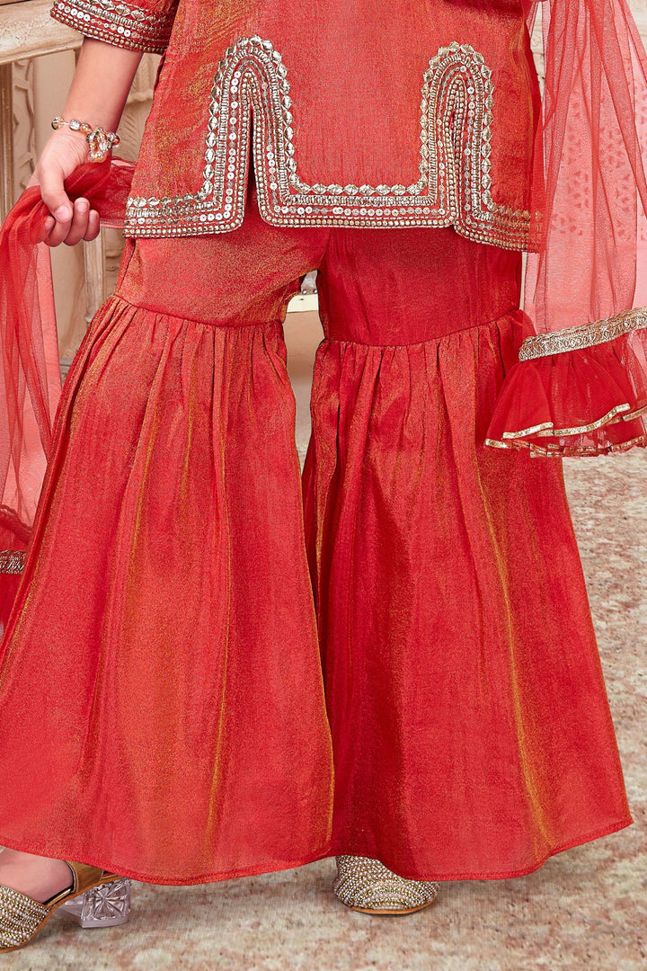 Orange Zari and Sequins work Sharara Suit Set for Girls