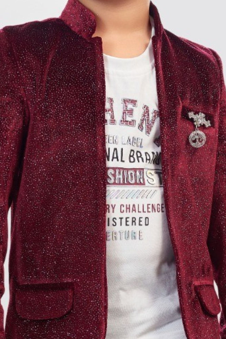 Maroon Boys Partywear Blazer Set with White T-Shirt and Black Pants