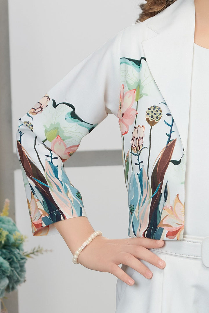 White with Multicolor Digital Print Jacket Styled Palazzo Set for Girls